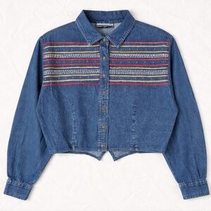 Side Saddle Washed Denim Embroidery Studs Cropped Western Button Front Blouse